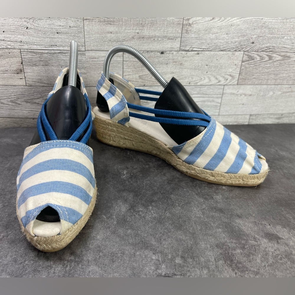 Chico Jessa Women Shoes Blue White 10M Canvas Stripped Wedge Espadrille Sandals